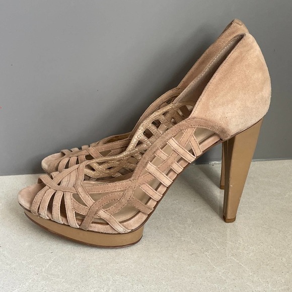Nine West Speed Up Suede Pump Heel 8.5 Suede Tan Camel Platform Peep Toe - Picture 1 of 6